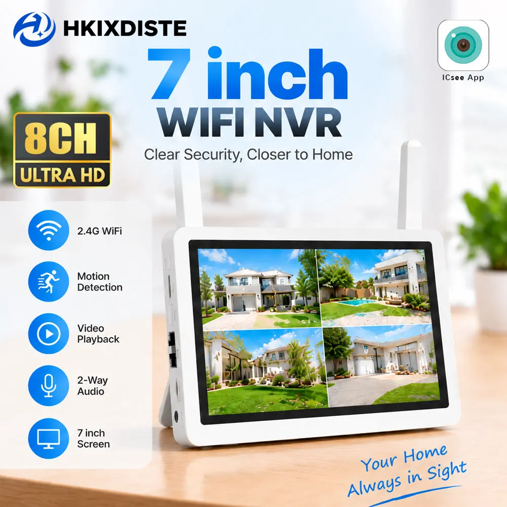 Home Security Cameras Wireless - 7-calowy 8-kanałowy system kamer monitoringu WiFi
